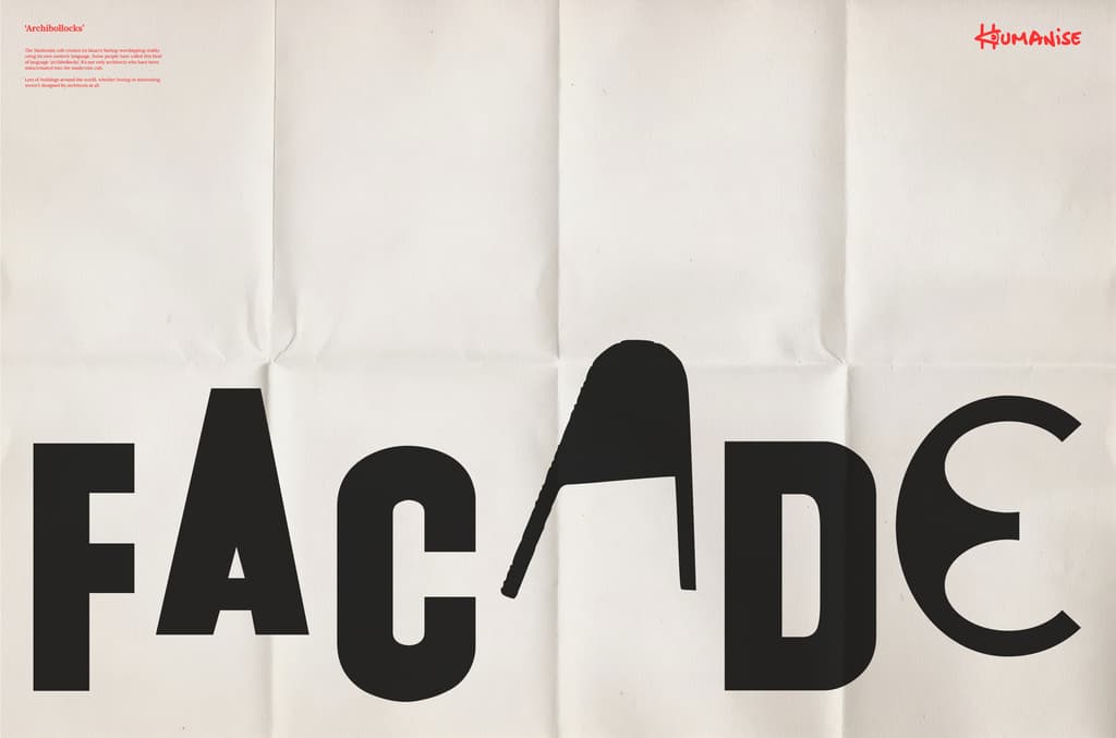 Spread design with the 'facade' printed large in Humanise typeface along the bottom
