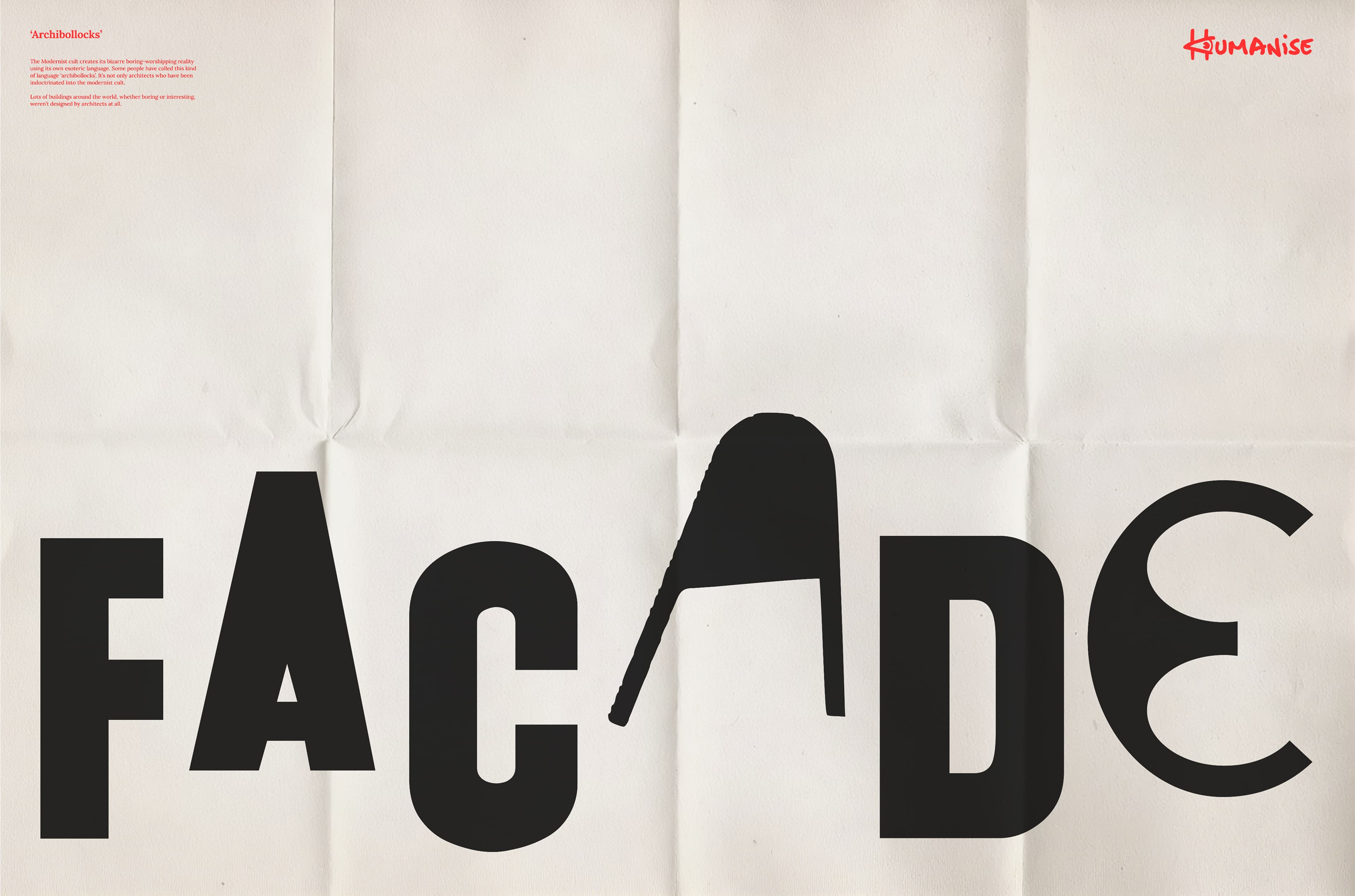 Spread design with the 'facade' printed large in Humanise typeface along the bottom